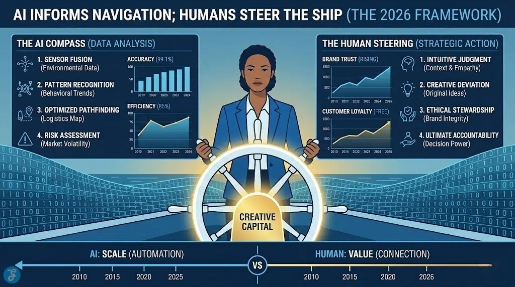 Infographic framework showing AI as navigation and human as the strategic steering in the future of digital marketing