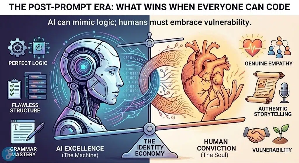 A conceptual illustration for the 'Identity Economy' comparing AI excellence in logic and grammar against human conviction, empathy, and vulnerability as the ultimate competitive advantage.