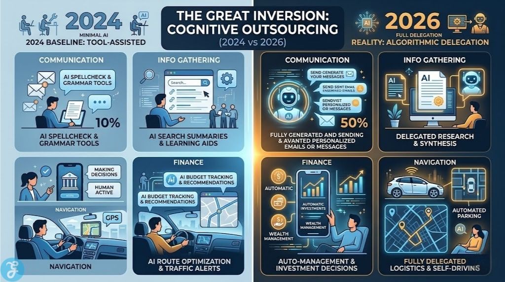 Infographic comparing 2024 AI tool assistance with 2026 full algorithmic delegation in communication, finance, and navigation.