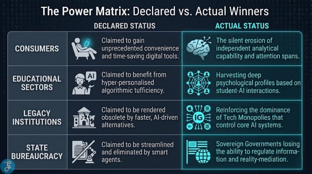Data matrix contrasting the declared benefits of AI for consumers with the actual strategic gains for tech monopolies and data brokers.