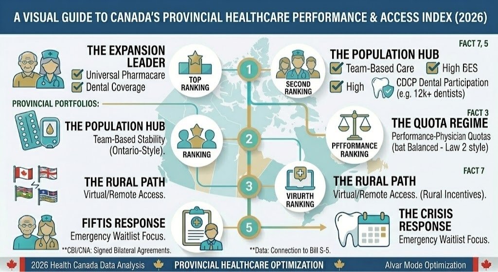 Infographic outlining a comparative "Canada Provincial Healthcare Performance & Access Index" for 2026, grouping illustrative outcomes derived from the text (Leader, Hub, Quota, Rural, Crisis portfolios).