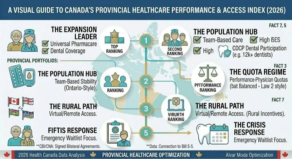 Infographic outlining a comparative "Canada Provincial Healthcare Performance & Access Index" for 2026, grouping illustrative outcomes derived from the text (Leader, Hub, Quota, Rural, Crisis portfolios).