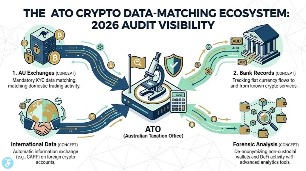 A detailed ecosystem infographic visualizing how the ATO uses data-matching and forensic tools to enforce compliance with Crypto Tax Laws In Australia.