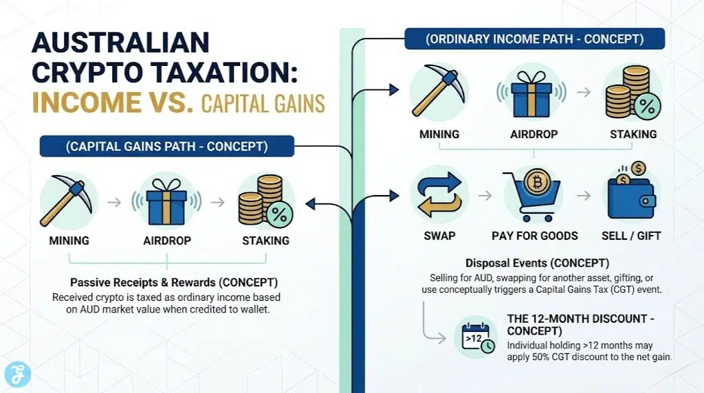 A visual flow infographic defining when crypto activities are classified as Capital Gains or Ordinary Income under Crypto Tax Laws in Australia.