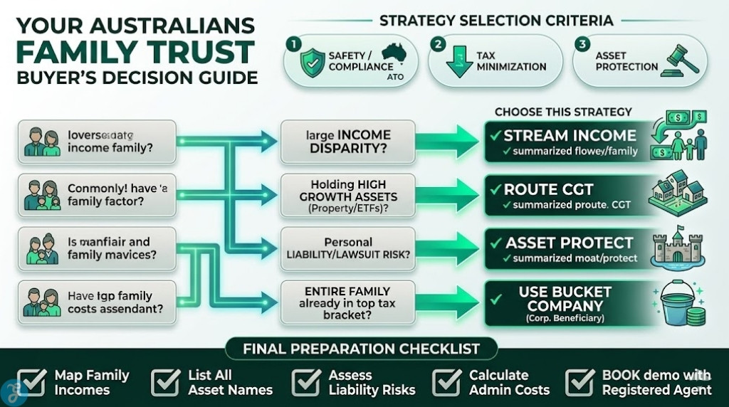 Infographic providing a visual buyer's decision matrix and checklist for Australian family trusts.
