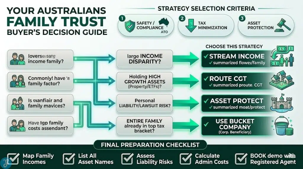 Infographic providing a visual buyer's decision matrix and checklist for Australian family trusts.