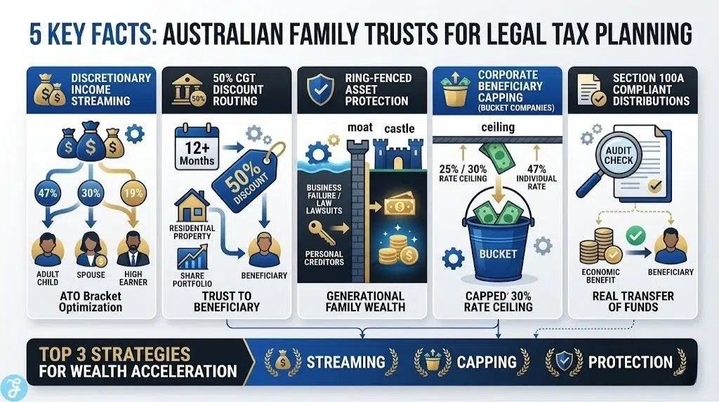 Infographic mapping the top 5 facts about Australian family trusts for tax planning, including top 3 picks.