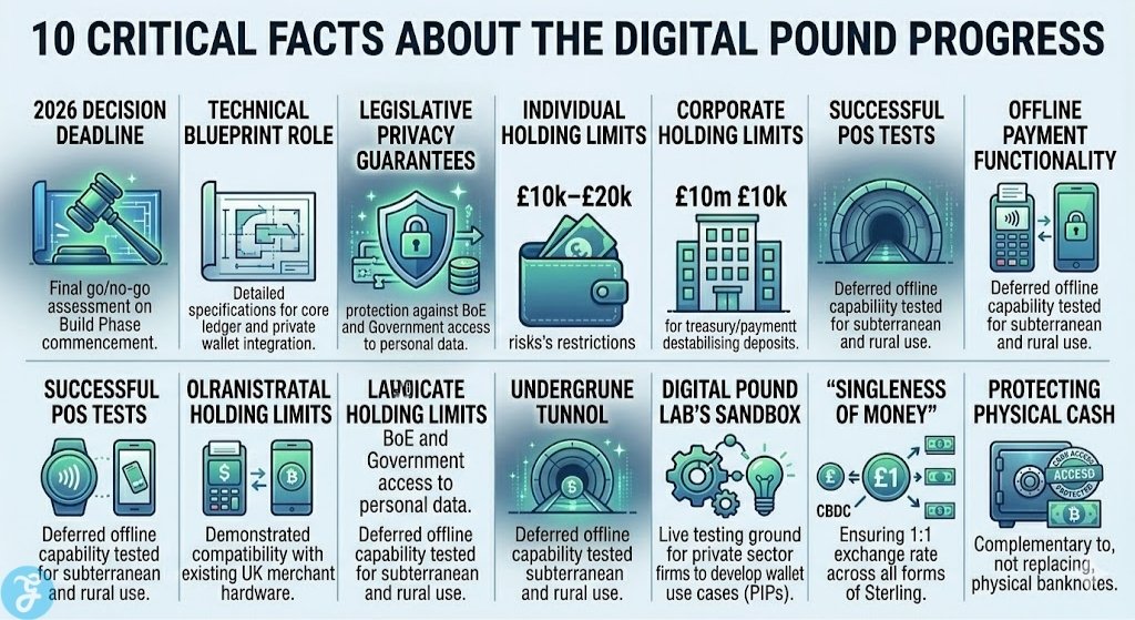 Infographic of 10 critical facts about the Bank of England Digital Pound progress including privacy laws and holding limits.