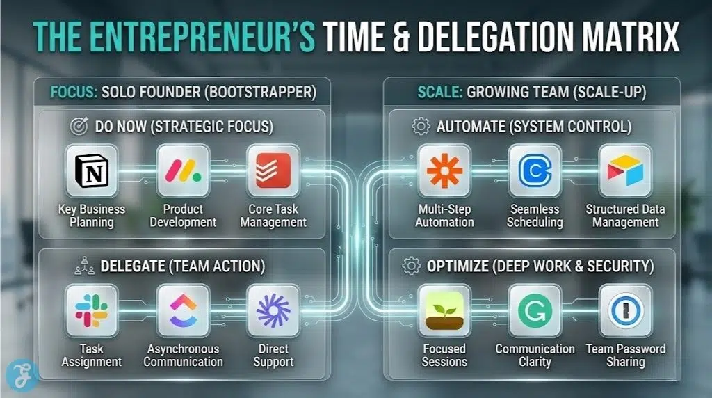 A professional 16:9 landscape infographic illustrating a time and delegation matrix for using different productivity apps as an entrepreneur, categorized by business stage (Solo vs. Growing Team).
