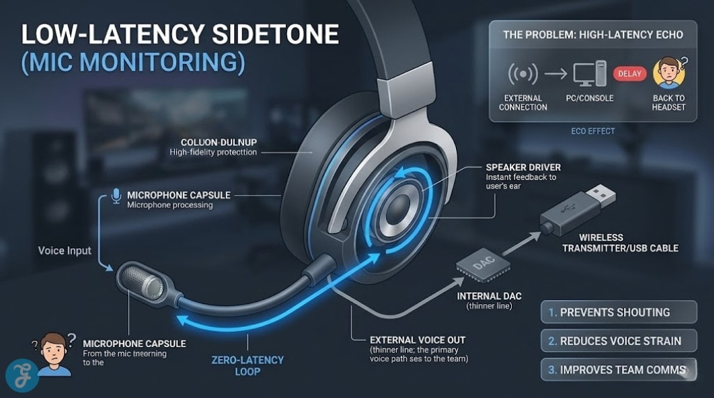 A stunning professional landscape infographic detailing the internal zero-latency audio loop that enables sidetone and mic monitoring in modern gaming headsets.