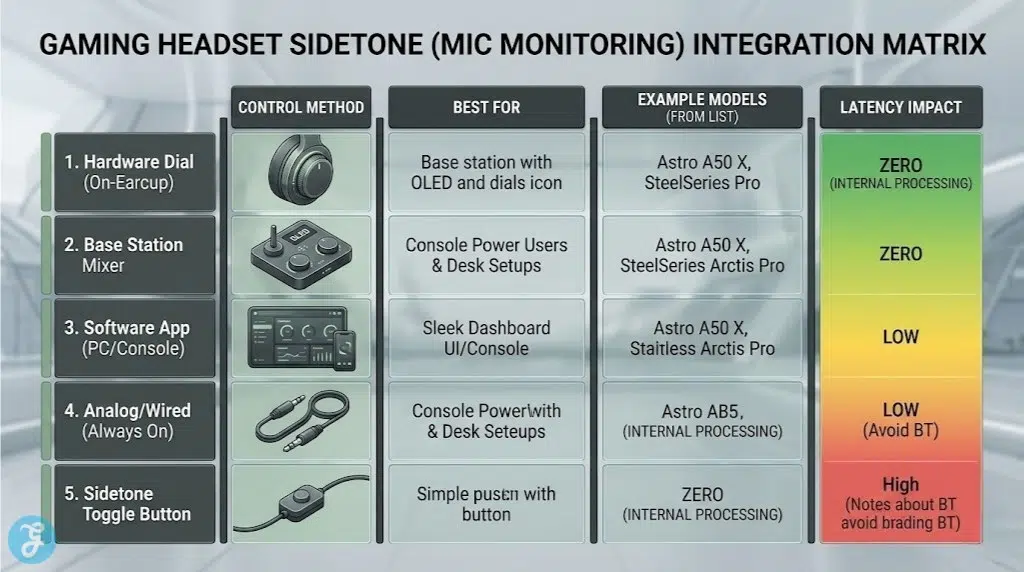 A 16:9 landscape professional infographic selection matrix comparing archetypal gaming headsets by their sidetone implementation (Wired Analog, Wired USB, Wireless Base Station, Wireless Software) across key features and ideal platforms.