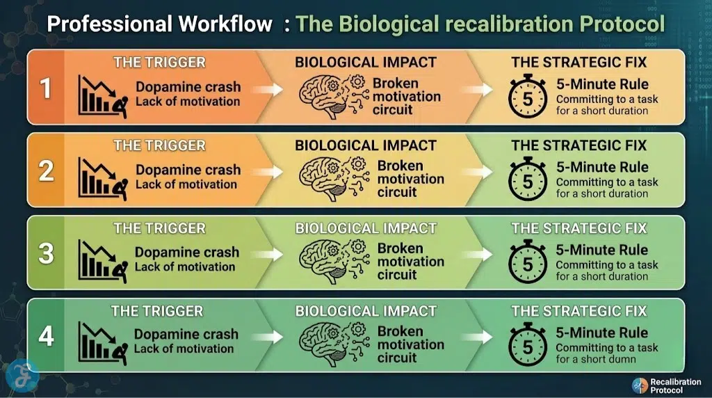 Step-by-step biological recalibration protocol for overcoming post-Eid sluggishness and managing dopamine crashes.