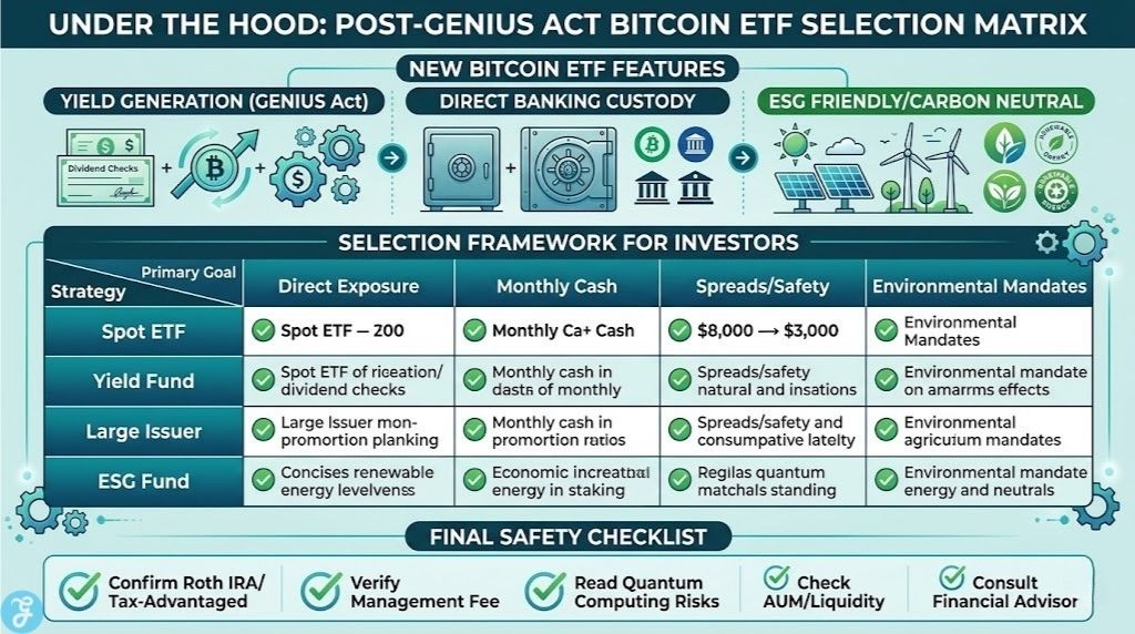 A professional decision matrix for choosing 2026 Bitcoin ETFs, featuring yield and ESG criteria.