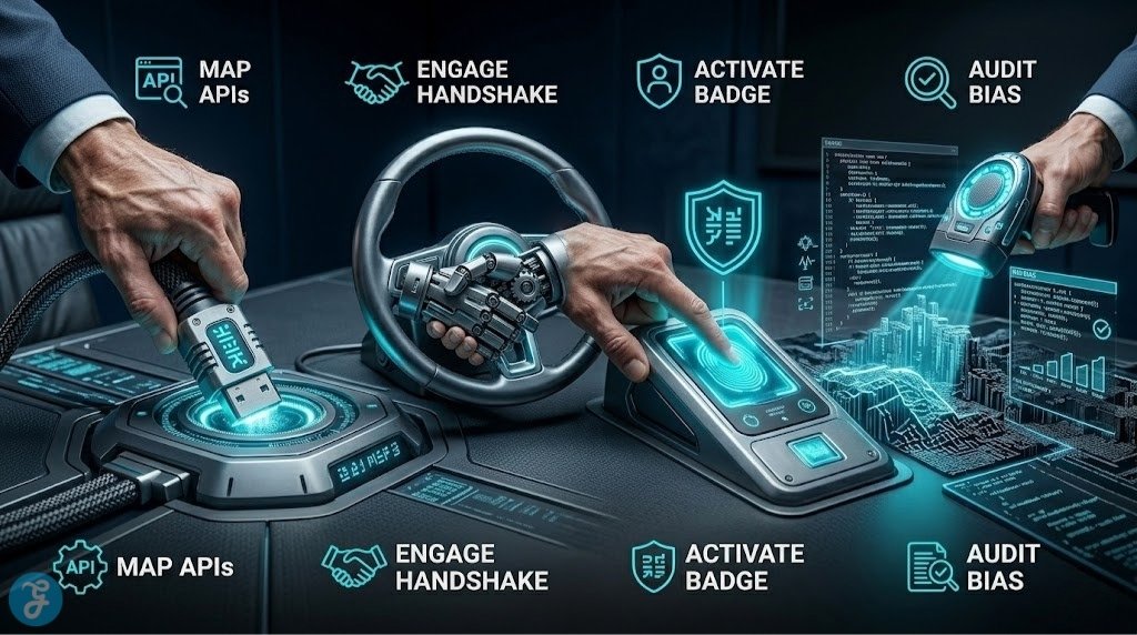 A sequential visualization of resilience measures in a dark, atmospheric setting. A human hand performs four distinct physical actions from left to right: plugging in an 'API Mapping' cable, engaging a mechanical handshake on a steering column, activating an accountability badge station, and using a glowing scanner tool to audit a data structure for bias.