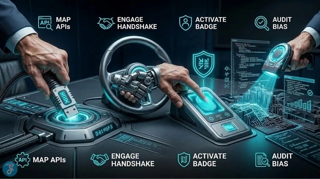 A sequential visualization of resilience measures in a dark, atmospheric setting. A human hand performs four distinct physical actions from left to right: plugging in an 'API Mapping' cable, engaging a mechanical handshake on a steering column, activating an accountability badge station, and using a glowing scanner tool to audit a data structure for bias.