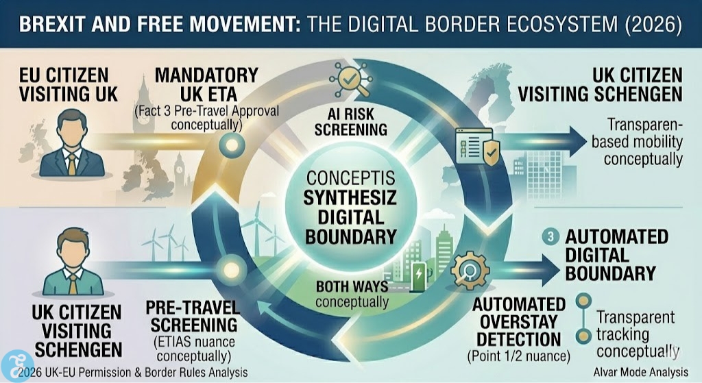 Infographic visually outlining the UK-EU digital border ecosystem conceptually, synthesizing the new rules like ETA for EU and EES biometrics for UK conceptually to create a unified permission-based mobility conceptually for 2026.