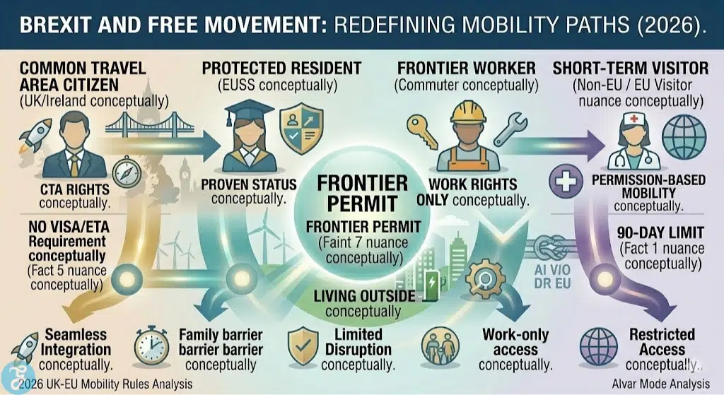 Infographic visually balancing the UK-EU Brexit and free movement new mobility paths conceptually, conceptually contrasting archetypes like Common Travel Area (CTA) Citizen, Protected Resident (EUSS conceptually), Frontier Worker, and Short-Term Visitor with an approachable, uncluttered design.
