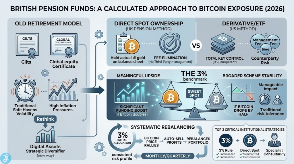 Infographic showing how British pension funds approach Bitcoin exposure, comparing methods, allocation, and rebalancing