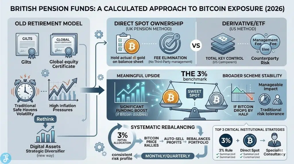 Infographic showing how British pension funds approach Bitcoin exposure, comparing methods, allocation, and rebalancing