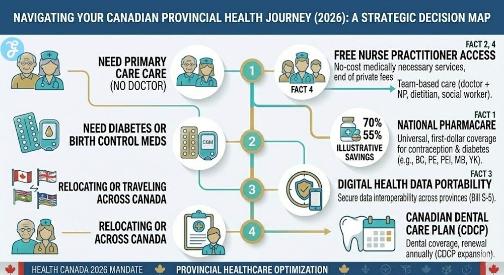 Infographic outlining a strategic decision roadmap for employees and patients in Canada to navigate provincial healthcare differences in 2026, comparing situational needs like primary care, medication access, and relocating.