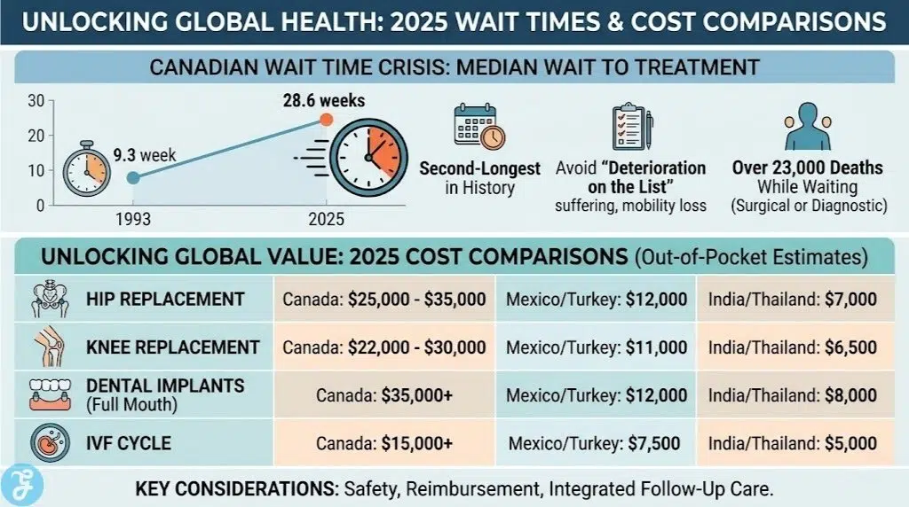A detailed comparison infographic for 2025 global healthcare. The top half visualizes the Canadian wait time crisis, showing the jump from a 9.3-week wait in 1993 to 28.6 weeks in 2025, noting over 23,000 deaths on waitlists. The bottom half is a table comparing out-of-pocket costs for hip/knee replacements, dental implants, and IVF between Canada, Mexico/Turkey, and India/Thailand, illustrating potential savings of over $20,000 for major surgeries.