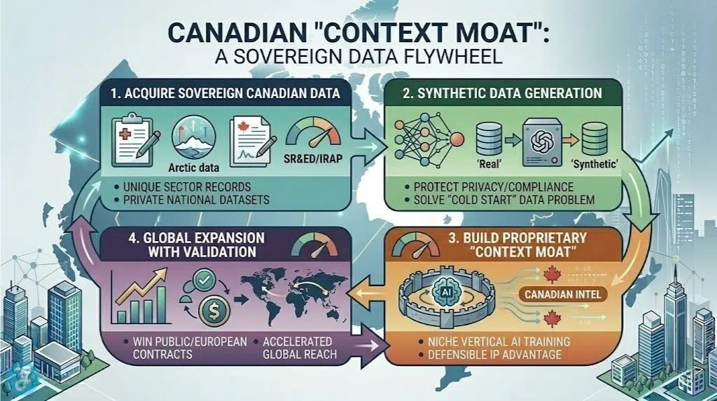 A cyclical flowchart infographic illustrating Canada’s 'Context Moat' as a four-stage 'Sovereign Data Flywheel,' showing how acquiring proprietary Canadian data and generating synthetic data builds defensible IP and global competitive advantage.