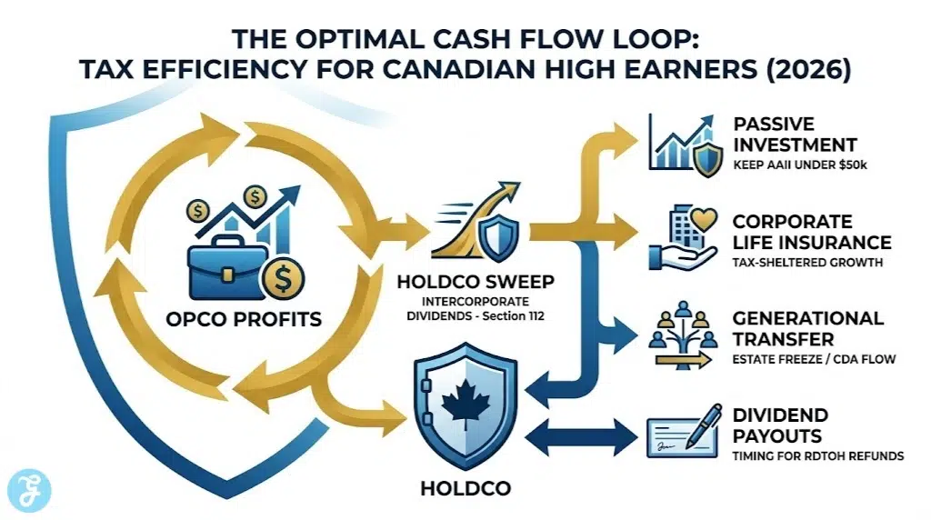 A modern professional vector infographic mapping the optimal cash flow loop within a Canadian holding company for tax efficiency in 2026, demonstrating intercorporate dividends, passive income management, life insurance sheltering, and RDTOH interactions without repetitive lists.