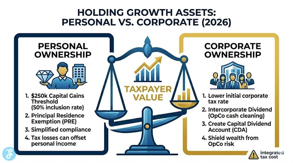 A professional vector comparison infographic contrasting the tax implications of holding growth assets personally versus inside a Canadian corporation for a high earner in 2026, summarizing factors like capital gains thresholds, Principal Residence Exemption (PRE), and Capital Dividend Account (CDA) benefits.