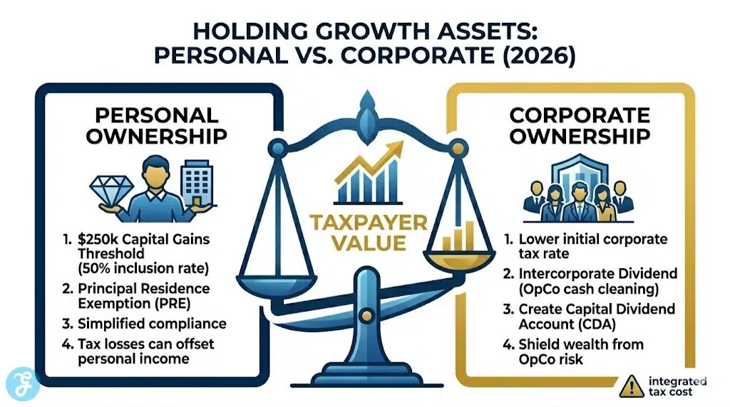 A professional vector comparison infographic contrasting the tax implications of holding growth assets personally versus inside a Canadian corporation for a high earner in 2026, summarizing factors like capital gains thresholds, Principal Residence Exemption (PRE), and Capital Dividend Account (CDA) benefits.