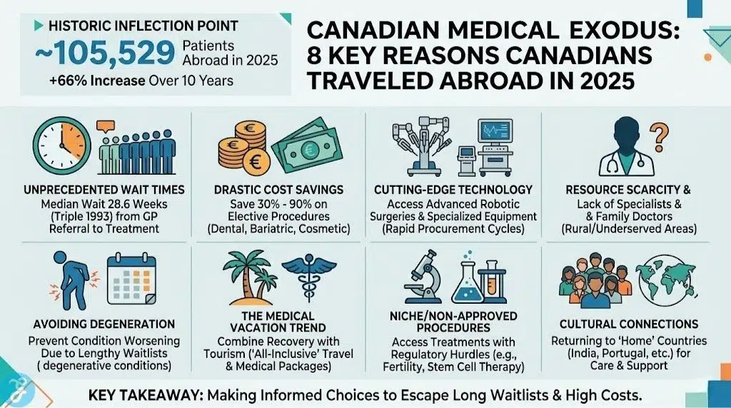 An infographic titled "Canadian Medical Exodus: 8 Key Reasons Canadians Traveled Abroad in 2025." It features eight panels with icons summarizing the drivers for medical travel: historic wait times (28.6 weeks), cost savings (30%-90% off), access to advanced tech, resource scarcity, avoiding health deterioration, medical vacations, niche procedures, and cultural ties. A header highlights that ~105,529 patients traveled abroad in 2025, a 66% increase over the last decade.
