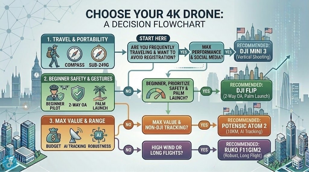A visual branching flowchart infographic, set against a clean grey background with subtle tech networks and illustrative American cityscapes, showing the logic and sequential paths—from travel needs to robustness—that help a user select a budget 4K drone.