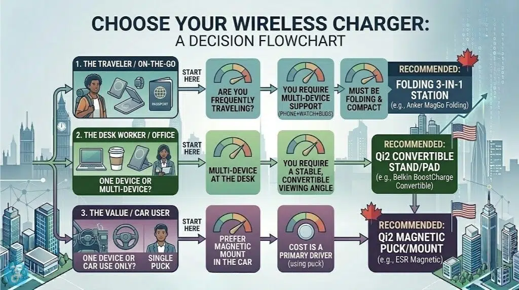 A cyclical flowchart infographic visual with sleek digital streams, illustrating the logic and sequential paths—from usage profile to specific model—that help a user select the right wireless charger based on multi-device support, portability, and value
