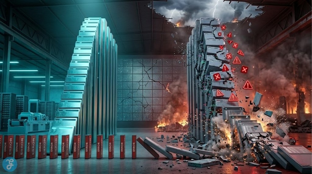 A colossal side-by-side factual comparison. On the left, a stable 'Governed' physical bar made of cyan metallic data stands tall, preventing orderly 'ERROR' dominoes from falling. On the right, an 'Unmanaged' slate grey bar is crumbling, weighed down by red warning symbols, as massive data dominoes cascade and break across a smoke-filled scene of industrial ruins.