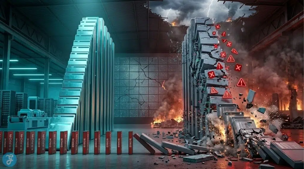A colossal side-by-side factual comparison. On the left, a stable 'Governed' physical bar made of cyan metallic data stands tall, preventing orderly 'ERROR' dominoes from falling. On the right, an 'Unmanaged' slate grey bar is crumbling, weighed down by red warning symbols, as massive data dominoes cascade and break across a smoke-filled scene of industrial ruins.