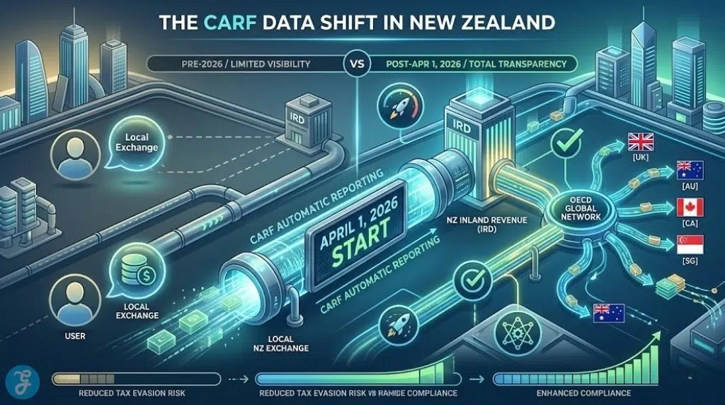 Infographic explaining the CARF reporting workflow for **Crypto regulation in New Zealand**, showing data flow from local exchanges to IRD and the global network.