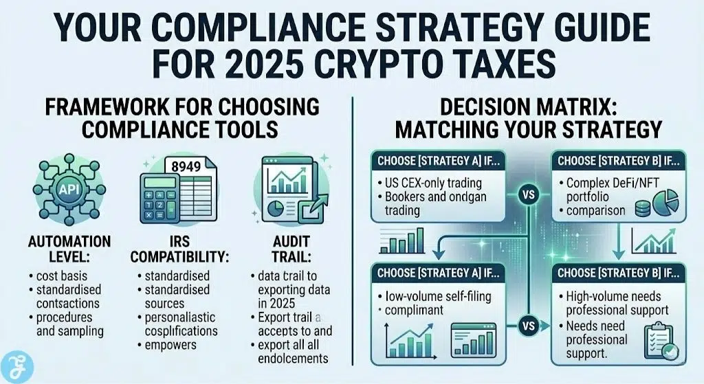 Decision matrix and framework for choosing the best crypto tax compliance software based on IRS reporting requirements.