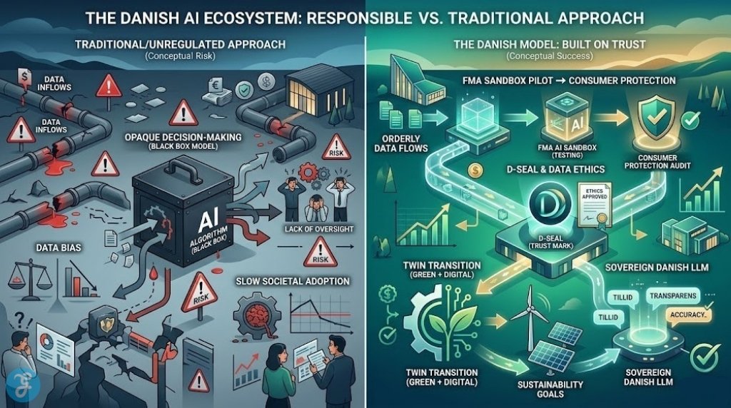 Infographic visually contrasts the Danish 'Built on Trust' AI ecosystem model with traditional/unregulated approaches, highlighting societal and environmental outcomes