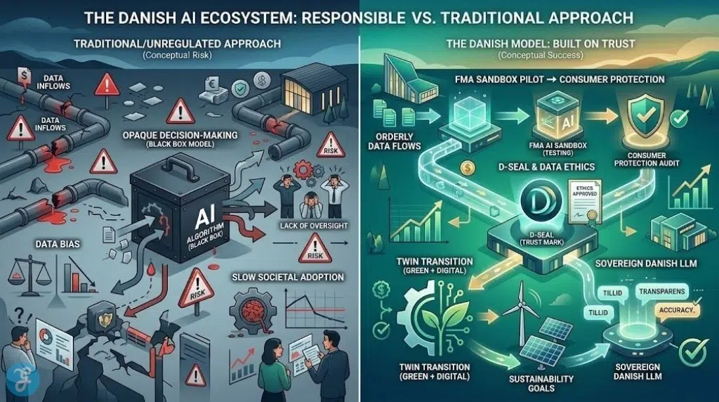 Infographic visually contrasts the Danish 'Built on Trust' AI ecosystem model with traditional/unregulated approaches, highlighting societal and environmental outcomes