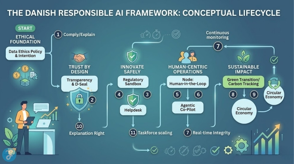 Infographic conceptually visualizes the lifecycle of a Danish responsible AI framework, from ethical foundation to sustainable impact.