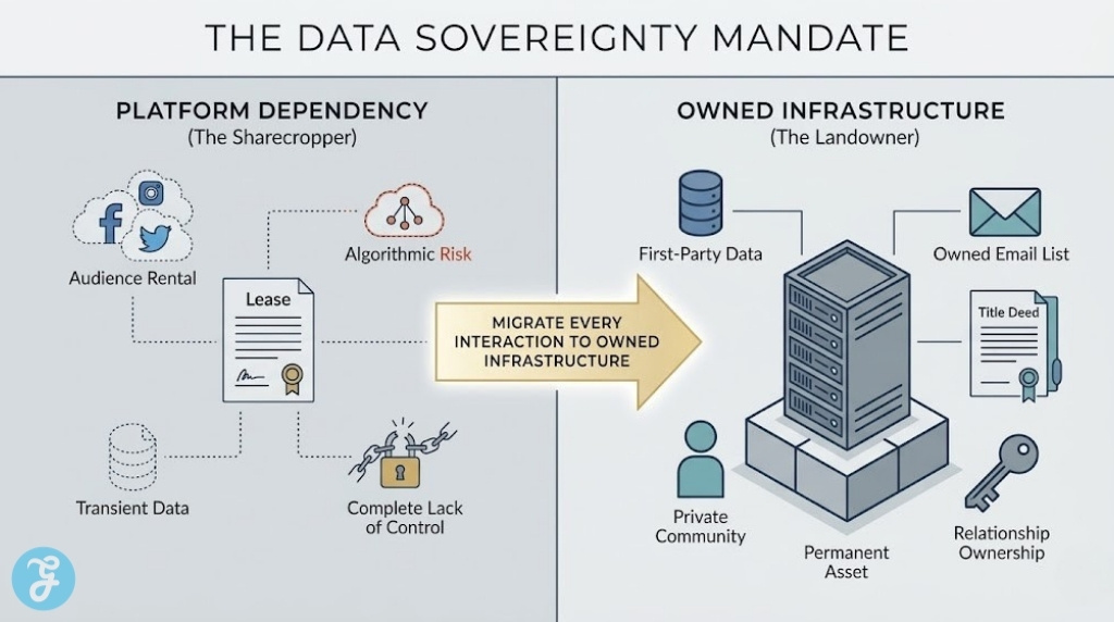 Split-screen showing platform dependency vs. owned data infrastructure.