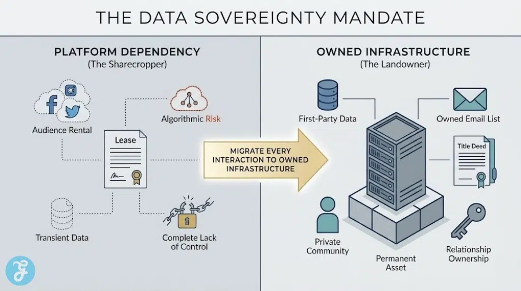 Split-screen showing platform dependency vs. owned data infrastructure.
