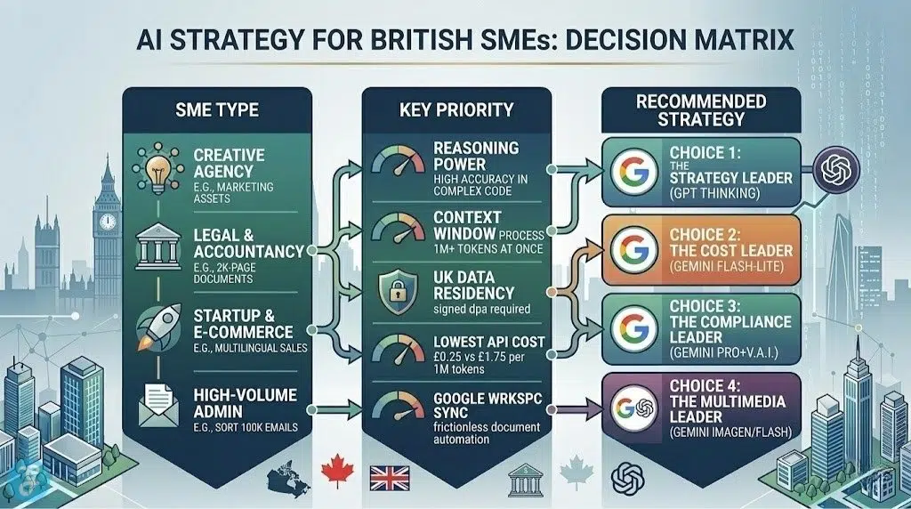 A modern clean flowchart infographic explaining how British SMEs can navigate Gemini vs GPT AI strategy, showing paths across SME Type, Key Priority, and Recommended Strategy (Strategy Leader, Cost Leader, Compliance Leader, Multimedia Leader)