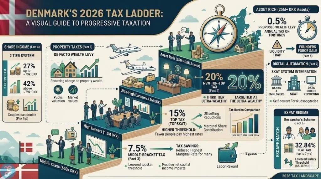 Infographic visualization of the progressive 2026 Danish tax system, showing income, asset, property, and investment tiers, including new top-top and proposed wealth taxes