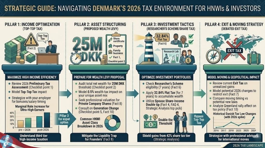 Strategic guide infographic for HNWIs and investors in Denmark, 2026, outlining four strategic pillars for wealth and income management in a complex tax environment.