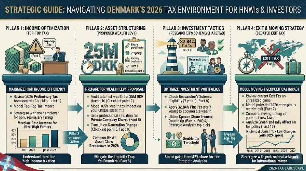 Strategic guide infographic for HNWIs and investors in Denmark, 2026, outlining four strategic pillars for wealth and income management in a complex tax environment.