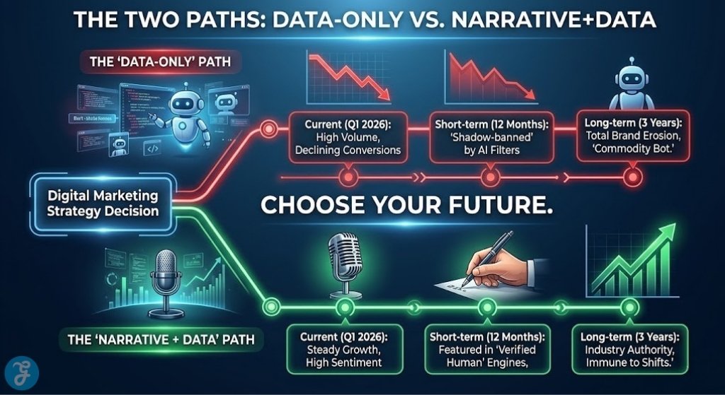 A strategic roadmap infographic showing two diverging paths for digital marketing: the 'Data-Only' path leading to brand erosion and the 'Narrative plus Data' path leading to industry authority by 2026.