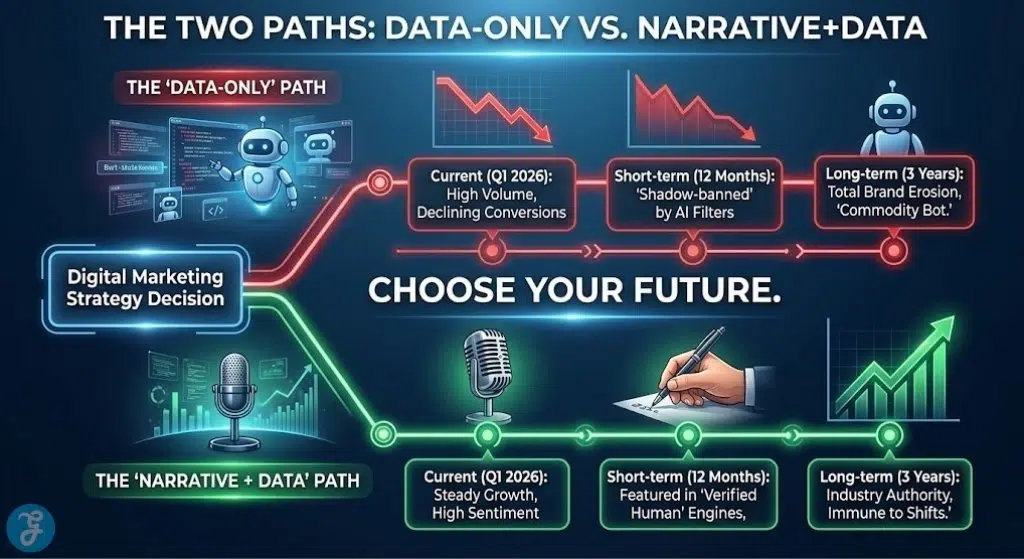A strategic roadmap infographic showing two diverging paths for digital marketing: the 'Data-Only' path leading to brand erosion and the 'Narrative plus Data' path leading to industry authority by 2026.