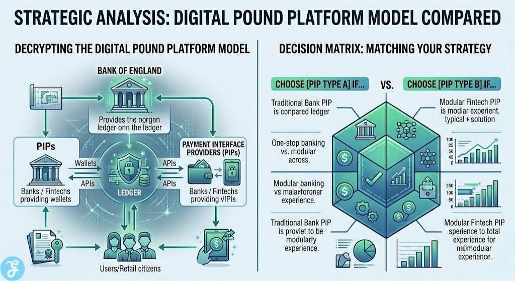 Strategic model of the Digital Pound platform architecture comparing private wallet providers and central bank infrastructure.