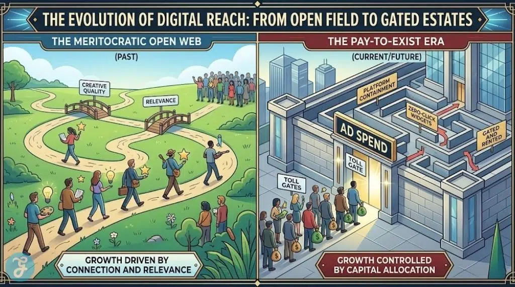 Comparison of open web meritocracy vs. gated pay-to-exist economy.