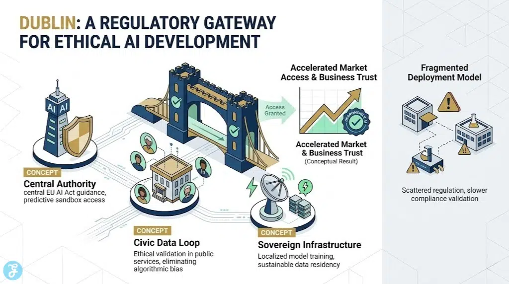 Landscape infographic contrasting Dublin's proactive regulatory stability with fragmented approaches, defining its value as a stable gateway for the Generative AI Hub.